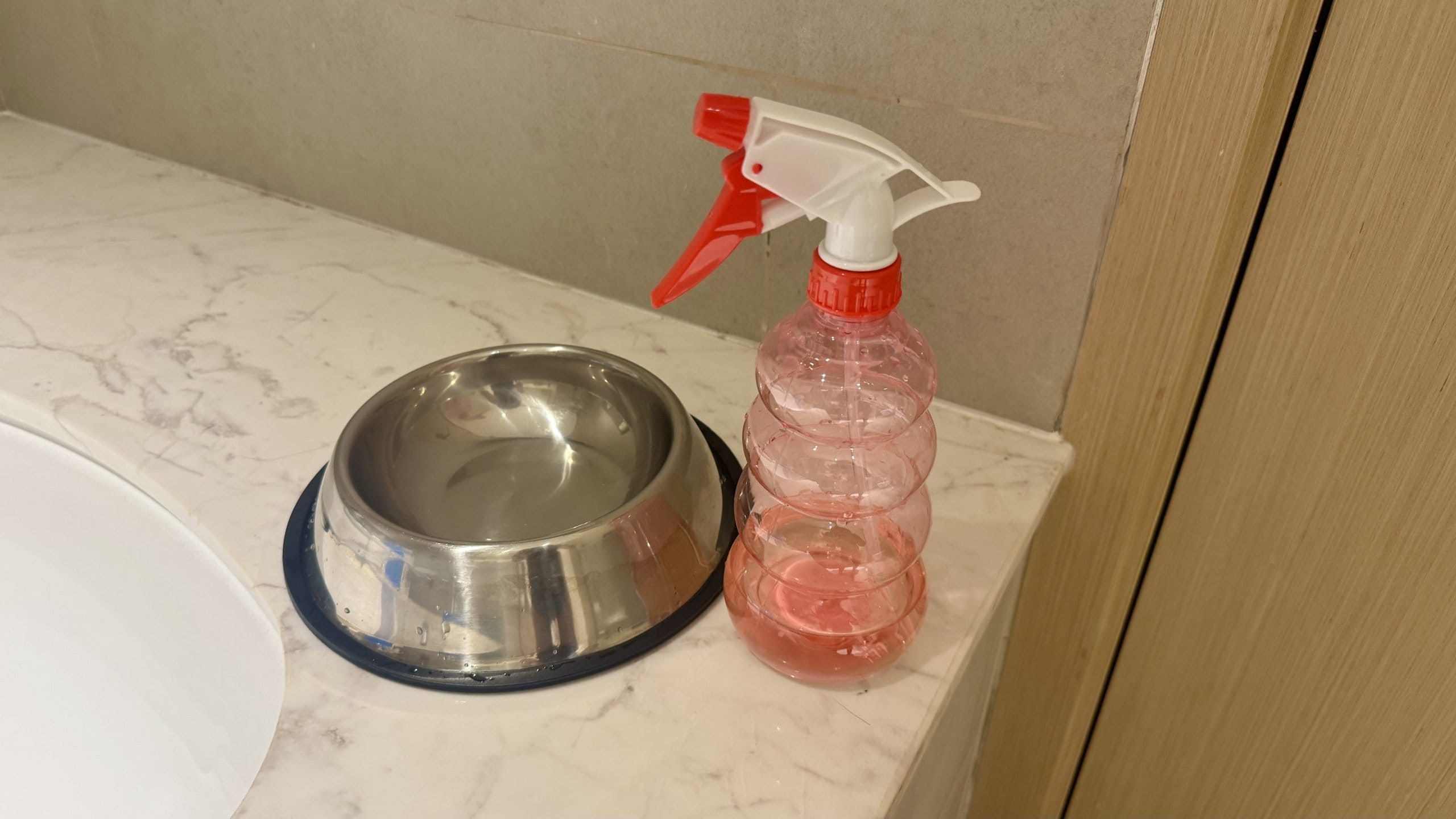 犬の餌いれと洗剤ボトル